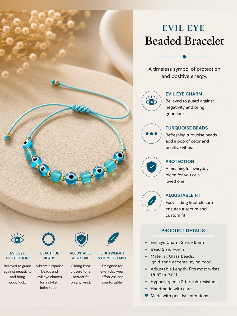 Turquoise Evil Eye Beaded Bracelet - Kids Accessories